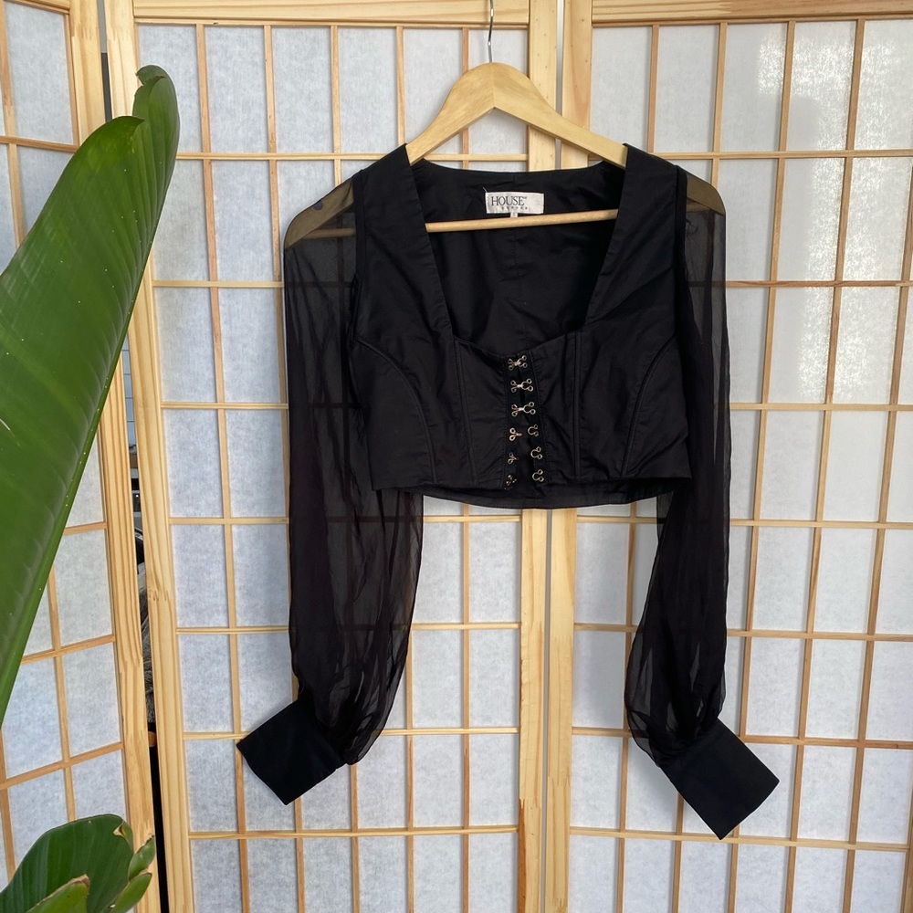 House of CB Corset Mesh Long Sleeve Top in Black • Size Small